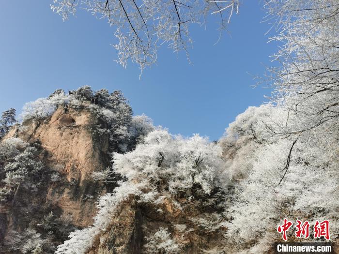 圖為藍(lán)天下霧凇籠罩山脈?！⌒煺袢A 攝
