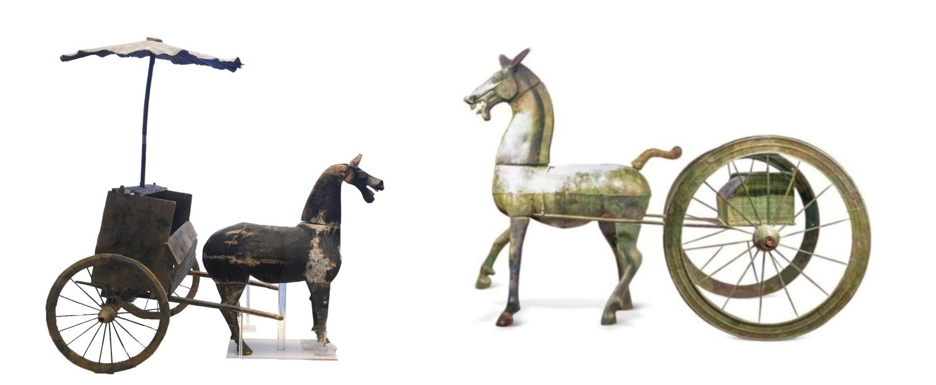 △左為漢代木軺車(chē)，藏于青海省博物館；右為東漢銅車(chē)馬，藏于黔西南州博物館。
